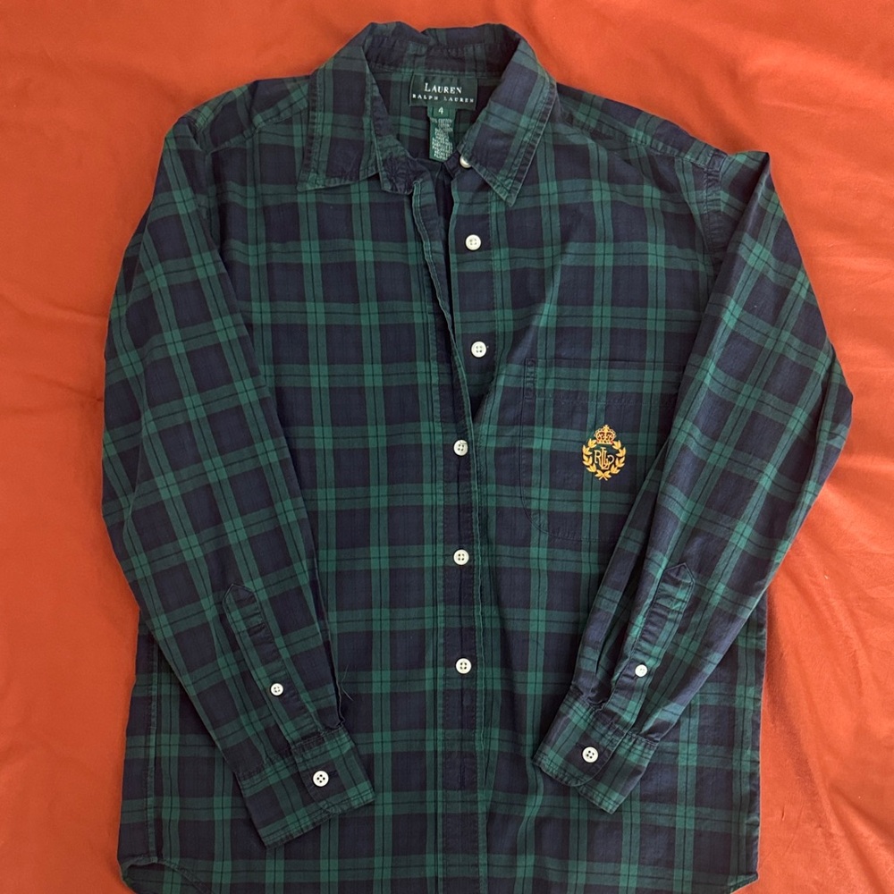 Vintage Lauren Ralph Lauren women's Navy and Green Plaid Shirt size 4
